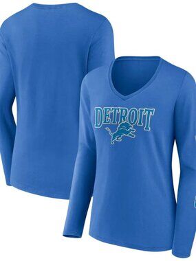 Women's Fanatics Blue Detroit Lions Wordmark Long Sleeve V-Neck T-Shirt